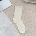 Beige Korean style pearl bow socks with diamond mesh texture and breathable knit - One Size / Creamy White