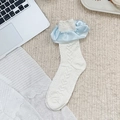 White Lolita calf socks with light blue satin ruffles and knitted heart patterns - Silk Ribbon Ruffle Style