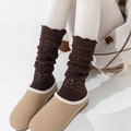 Deep brown knitted hollow-out leg warmers featuring intricate crochet texture and ribbed cuffs - One Size / Dark Coffee