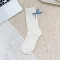 Lolita style cream white mid-calf socks with light blue ribbon bows and ribbed texture - Single Bow Simple Style