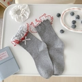 Süße japanische Socken in Hellgrau mit weißer Spitze und Schleife im Ballet-Stil - Einheitsgröße / Grau