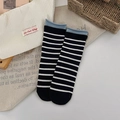 Japanese retro style black and white striped socks with light blue rolled edges for women - One Size / Black