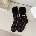 Japanese retro plaid mid-calf socks in black with red check patterns and ruffle trim - One Size / Black