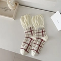 Vintage cream plaid mid-calf socks with reddish-brown patterns and ruffled cuffs - One Size / White