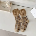 Plaid crew socks in khaki with blue check pattern and ruffled cuffs for a retro style - One Size / Brown