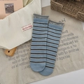 Blue and brown striped cotton crew socks with grey rolled cuffs in minimalist style - One Size / Blue