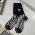Classic black and white checkered mid-calf socks with cute cat embroidery and ribbed cuff - Black