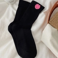 Black mid-calf ribbed socks with handmade pink crochet heart decor for women - One Size / Black