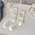 Ballet style cream white ribbed mid-calf socks with pink bow and silver heart charm - White Base Pink Bow