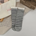 Grey and black striped mid-calf socks with white rolled edge and soft cotton knit texture - One Size / Light Gray