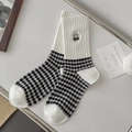 Checkerboard mid-calf socks featuring white rib texture and cute cat embroidery details - White