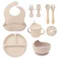 8-piece baby silicone feeding set in beige with suction bowl, plate, and bib - Off-white Nine-piece Set (bib + Small Suction Cup + Bowl + Wooden Fork And Spoon + Teething Straw Cup + Snack Cup Lid + Bear Fork And Spoon 690g)
