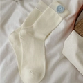 Cream knit mid-calf socks with ribbed texture and light blue crochet flower accent - One Size / Creamy White