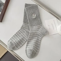 Gray checkerboard crew socks with cute cat embroidery and ribbed knit texture - Light Gray
