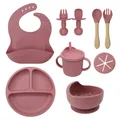 Morandi pink 9-piece silicone baby feeding set with suction plate and wooden handle utensils - Dark Pink Nine-piece Set (bib + Small Suction Cup + Bowl + Wooden Fork And Spoon + Teething Straw Cup + Snack Cup Lid + Bear Fork And Spoon 690g)