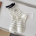 White and black striped mid-calf socks with cute cartoon patch and rolled cuff design - One Size / White
