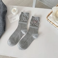 Light gray ribbed knit socks featuring pink silk bow and metal heart charm detail - Grey Base Pink Bow