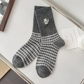 Retro grey cotton socks featuring a cute cat embroidery and classic black plaid pattern - Medium Grey