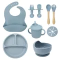 9-piece baby feeding set in dusty blue silicone with wooden handle fork and suction plate - Gray-blue Nine-piece Set (bib + Small Suction Cup + Bowl + Wooden Fork And Spoon + Teething Straw Cup + Snack Cup Lid + Bear Fork And Spoon 690g)