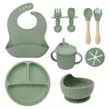 Baby silicone dining set in sage green including suction plate bowl cup and utensils - Army Green Nine-piece Set (bib + Small Suction Cup + Bowl + Wooden Fork And Spoon + Teething Straw Cup + Snack Cup Lid + Bear Fork And Spoon 690g)