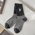 Vintage mid-calf socks with black-white plaid pattern and cute cat embroidery detail - Dark Gray