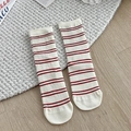 Retro style white mid-calf socks featuring red stripes and ribbed cuffs for women - White Red Stripes (YL5022)