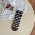 Brown and light blue striped mid-calf cotton socks with gray contrasting heel and cuff - One Size / Coffee