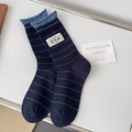 Navy blue striped cotton crew socks with roll top cuff and vintage fabric label - One Size / Navy Blue