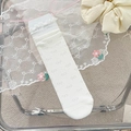Beige crew socks with bow tie jacquard and ruffle lace trim for women and girls - Bow Jacquard / Frill Edge White