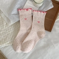 Hellrosa gesprenkelte Socken mit Herzstickerei und süßem Rüschensaum für Damen - Rosa