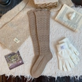 Coffee brown openwork knit calf socks with matching oatmeal scarf and white gloves - Light Coffee