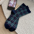 Calze a quadri verde scuro stile retrò britannico in cotone a maglia per donna - Taglia unica / Blu Notte