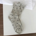 Korean style grey crew socks featuring black ribbon bows and a rolled cuff design - One Size / Grey-Beige
