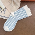 Light blue and white gingham calf socks with ribbed cuffs on wooden background - Blue