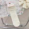 Beige crew socks with colorful dots and pink trim for women with a sweet bow style - Double Cuff / Colorful Dots Beige
