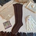 Dark brown hollow out knit knee high socks with lace trim in vintage style - Dark Coffee