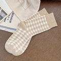 British style beige and cream checkered mid-calf socks with ribbed cuffs for women - Light Coffee White Grid