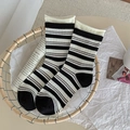 Japanese style black and white striped cotton socks with rolled edges in mid-calf length - One Size / Black & White Stripes