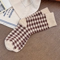 Vintage British style mid-calf socks with brown and beige checkerboard knit pattern - Light Coffee Red Grid