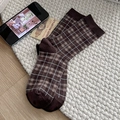 British style brown plaid crew socks for women featuring vintage check patterns - One Size / Coffee