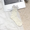 Creamy white Lolita mid-calf socks with delicate lace trim and ribbon bow details - Long Bow