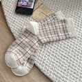 Beige plaid crew socks with red and brown checks in Japanese vintage style on soft mat - One Size / Off-white