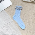 Blue aesthetic mid-calf socks featuring grey checkered frill trim and ribbon bow design - Beige Plaid Lace
