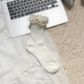 Lolita lace bow socks in milk white with layered ruffle cuffs and ribbed knit texture - Gauze Lace Edge