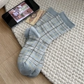 British style light blue mid-calf socks with yellow plaid pattern and ribbed cuffs - One Size / Light Blue