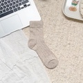 Oatmeal knit mid-calf socks with vertical stripes and bow embroidery detail - Oatmeal Ribbed Coffee