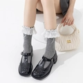 Elegant grey mid-calf socks with white lace trim and satin ribbons in Lolita style - Gray