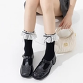 Lace trim crew socks with ribbon bows and white embroidery for elegant style - Black