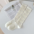 White Japanese style calf-high knitted socks with stylish pleated design and ribbed cuffs - One Size / Creamy White