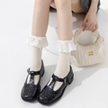 Detail of white lace ruffle socks with ribbon bow, paired with black Mary Jane shoes - Beige